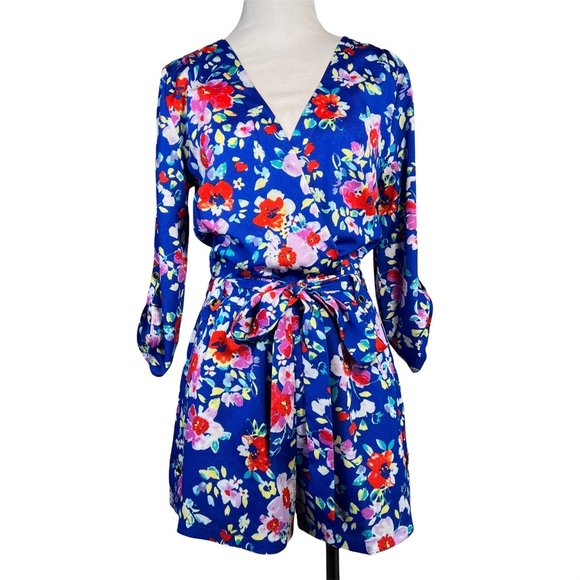 Yumi Kim Pants - Yumi Kim Romper Small Blue Floral Liz Wrap Tie Waist Pockets
